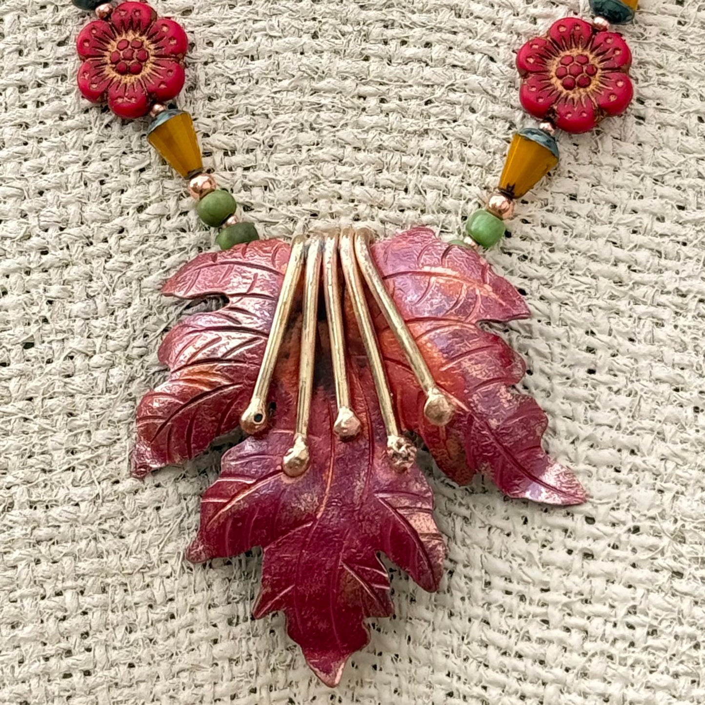 Autumn Maple Leaf Copper Necklace with Brass & Glass Beads
