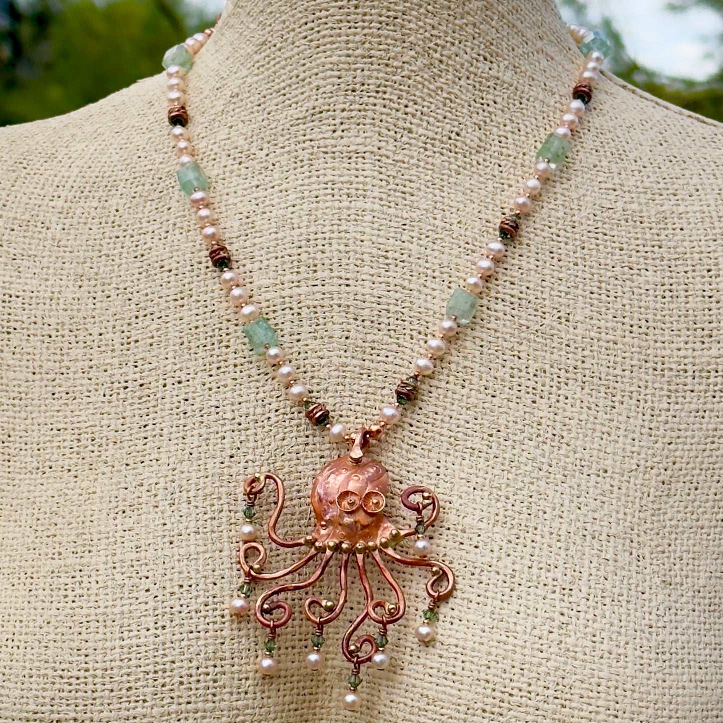 Copper Octopus Necklace with Aquamarine Quartz Crystal, Pearls & Crystals