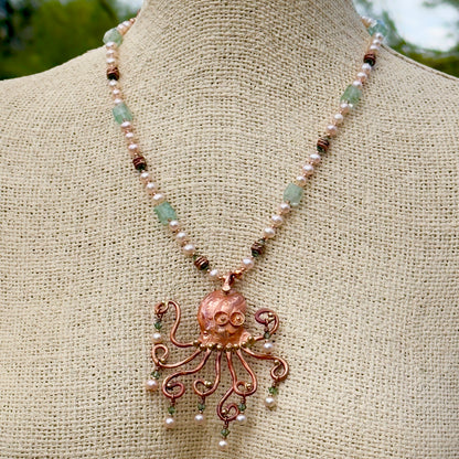 Copper Octopus Necklace with Aquamarine Quartz Crystal, Pearls & Crystals