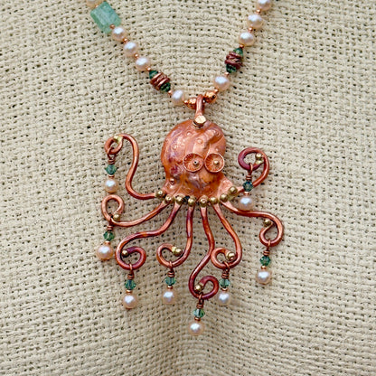 Copper Octopus Necklace with Aquamarine Quartz Crystal, Pearls & Crystals