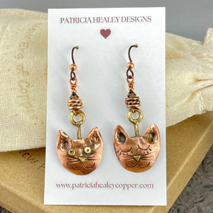 Perky Cat, Sleepy Cat Genuine Copper Earrings