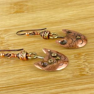Perky Cat, Sleepy Cat Genuine Copper Earrings