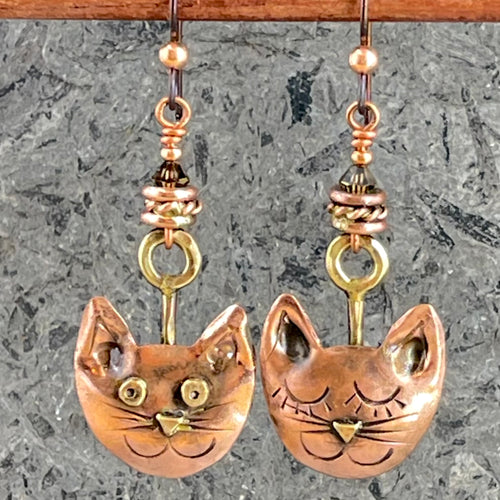 Perky Cat, Sleepy Cat Genuine Copper Earrings