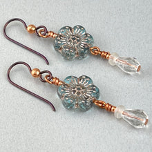 Czech Republic Glass ~ Blue Daisy Dangle Earrings