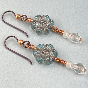 Czech Republic Glass ~ Blue Daisy Dangle Earrings