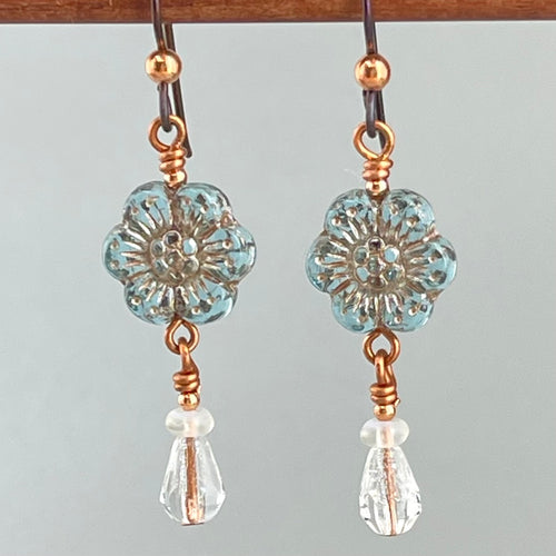 Czech Republic Glass ~ Blue Daisy Dangle Earrings