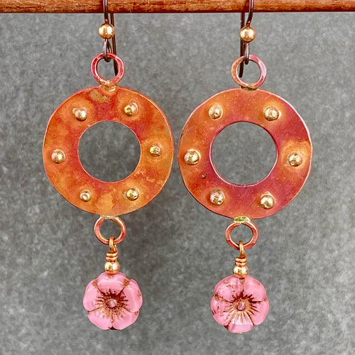 Genuine Copper Earrings W/ Textured Ring and Mauve Glass Flowered Bead