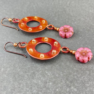 Genuine Copper Earrings W/ Textured Ring and Mauve Glass Flowered Bead