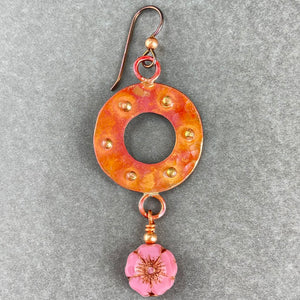Genuine Copper Earrings W/ Textured Ring and Mauve Glass Flowered Bead