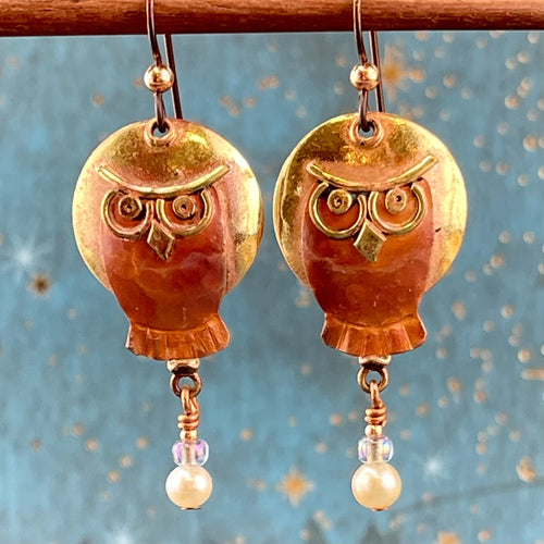 Copper Owl Earrings Sitting in Front of a Full Moon, w/ Dangled Pearls