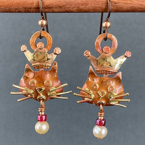 Majestic Queen: Copper and Brass Hand-Crafted Kitty Earrings