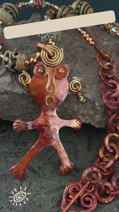 Petroglyph-Inspired Copper Figure Pendant with Spiral Ears