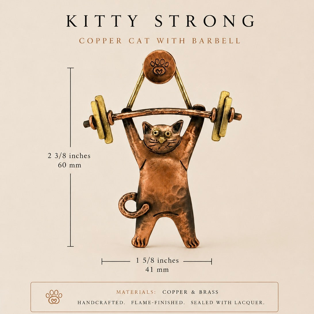 Weightlifting Cat Pendant in Copper & Brass | Handmade Fitness Cat