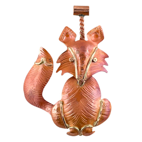 Handmade copper fox pendant with stamped detail and brass accents by Patricia Healey