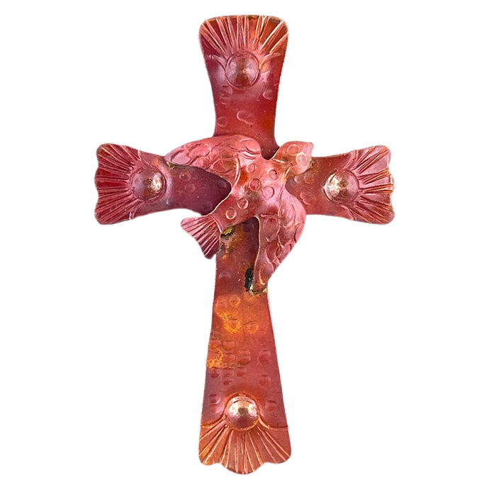 Large handcrafted copper cross pendant with dove, repoussé detail, and flame-fired red-orange patina. Designed by Patricia Healey.