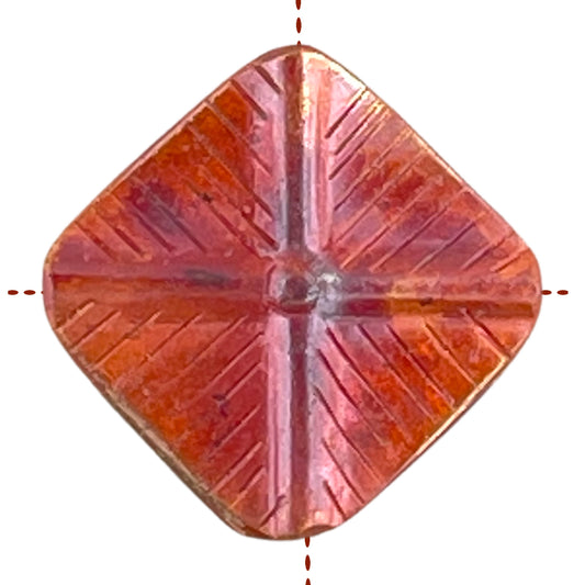Square copper bead with double channels, hand stamping, and red-orange flame finish
