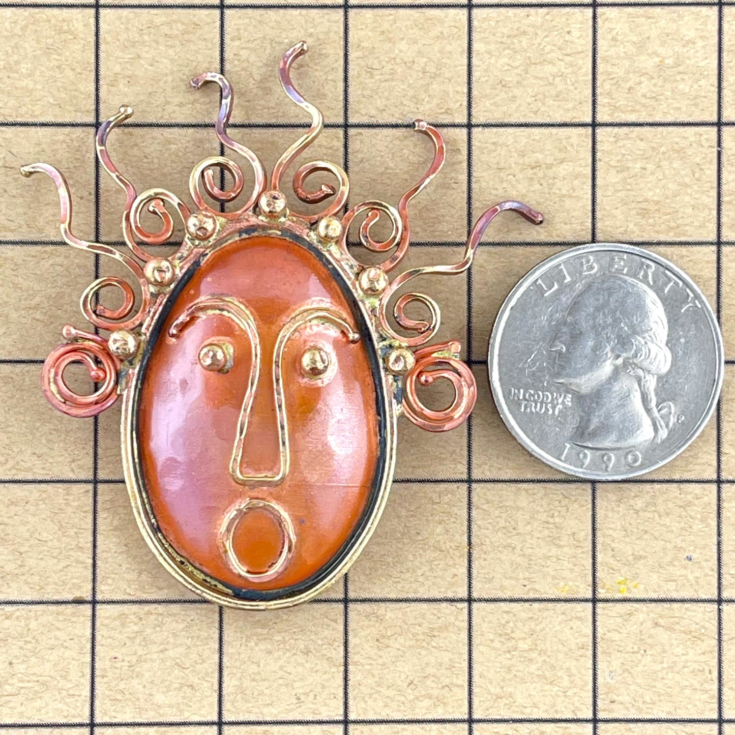 Crazy Haired Lady Pendant, Copper & Brass by Patricia Healey