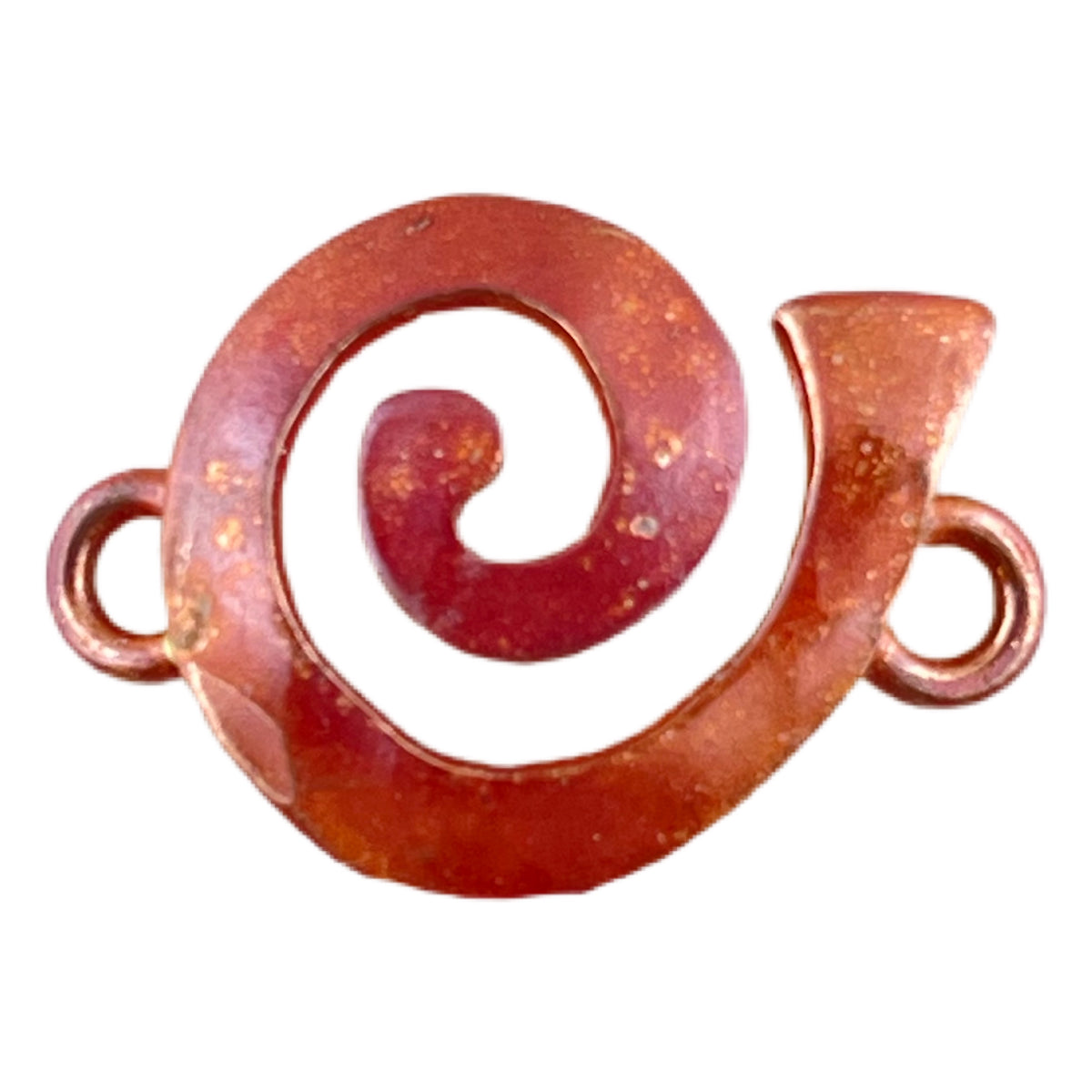 Rustic copper spiral link charm with two loops and torch-heated patina