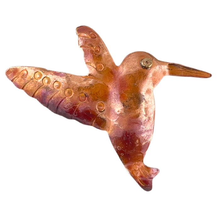 Small handmade copper hummingbird pendant with brass eye and torch-fired patina