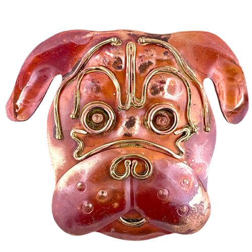 Copper and brass dog pendant with short snout, red flame patina, and hand-stamped detail