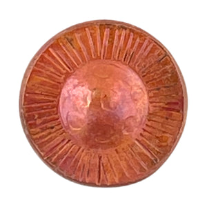 Handcrafted domed copper bead with top-drilled hole and flame-torched patina
