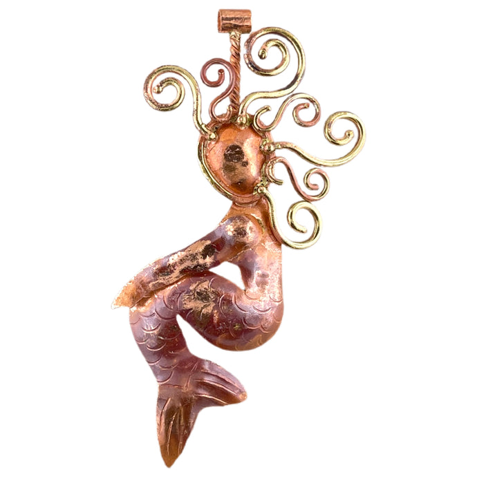 Handcrafted copper mermaid pendant with golden hair and red patina by Patricia Healey