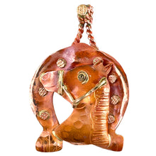 Handcrafted horse head and horseshoe pendant in copper and brass with red flame patina, designed by Patricia Healey
