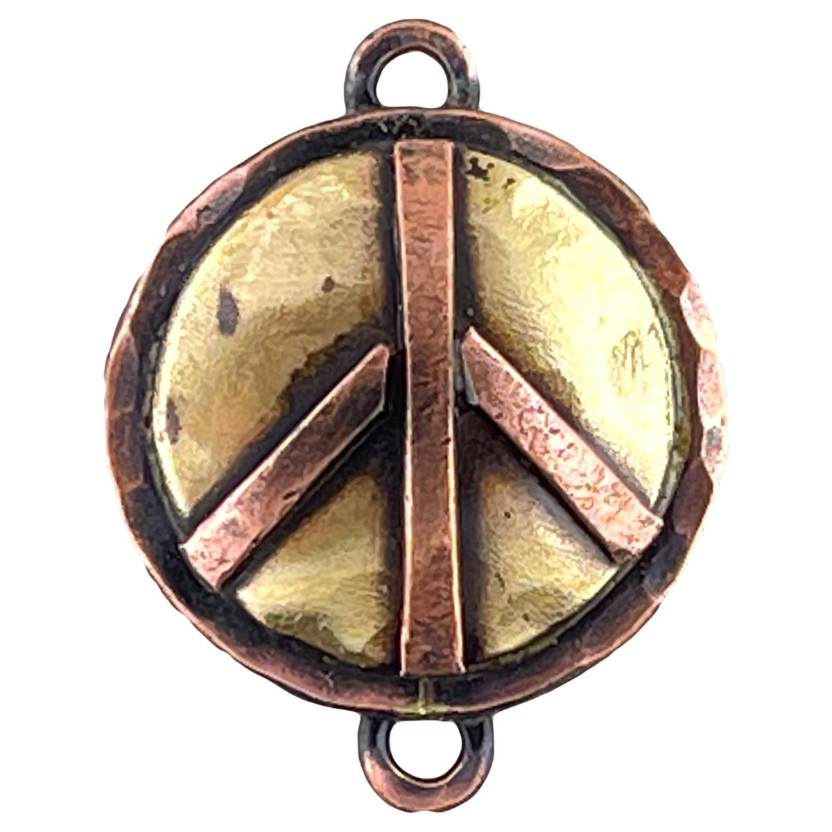 Handcrafted copper and brass pendant link with domed brass base and copper peace sign accents
