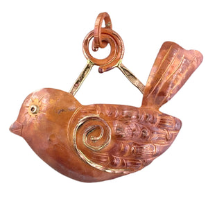 Handmade copper and brass songbird pendant with whimsical bail and rustic patina