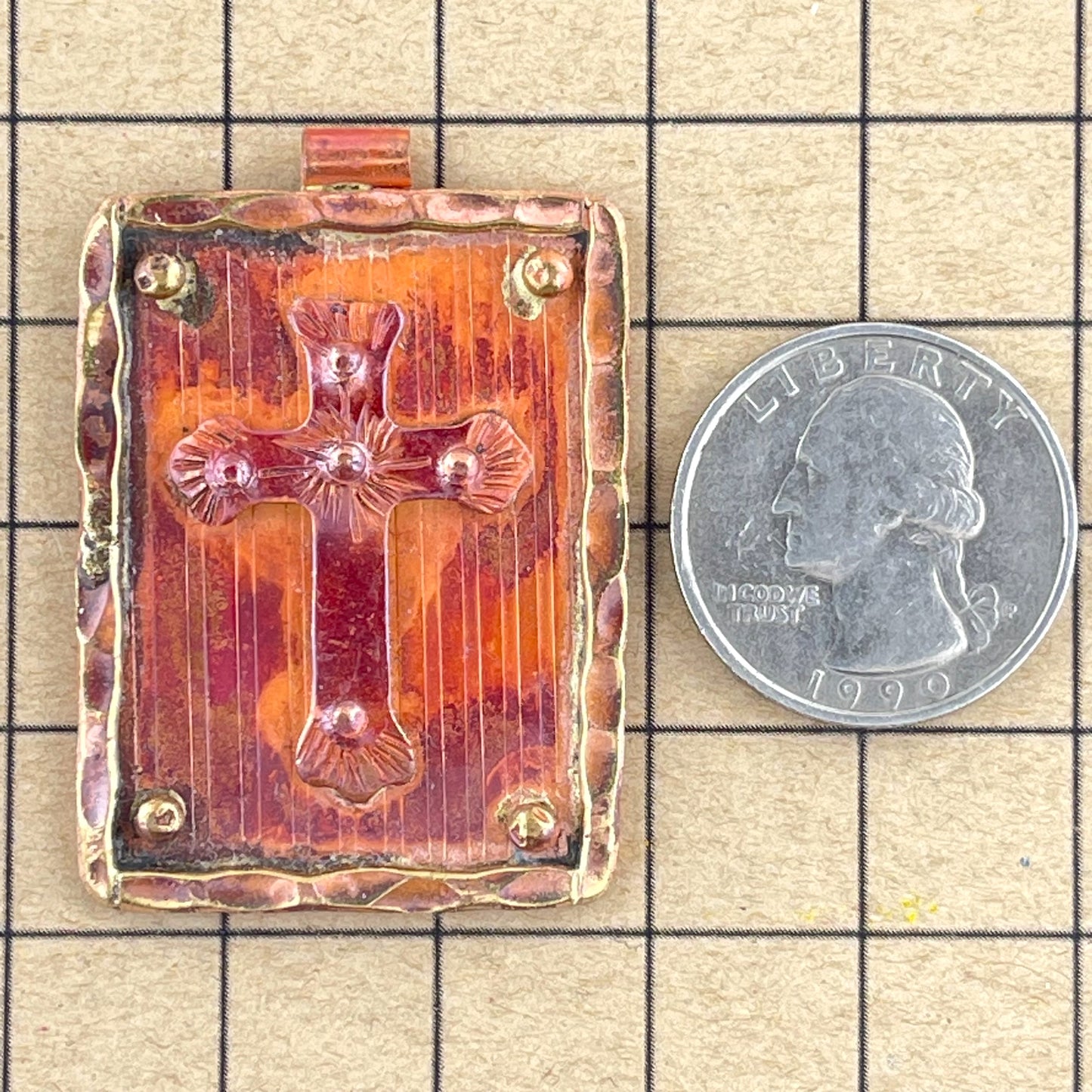 Copper Cross on Plaque Pendant – Flame-Fired with Brass