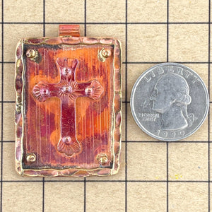 Copper Cross on Plaque Pendant – Flame-Fired with Brass