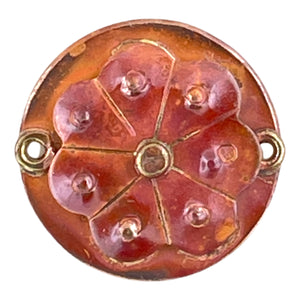 Handmade copper flower link with repoussé detail, hand stamping, red-orange patina, and brass accents by Patricia Healey