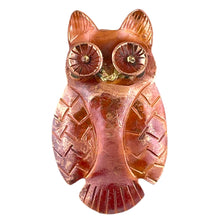 Large copper owl pendant with wide eyes and hand-stamped detail, flame patina finish
