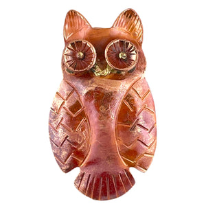 Large copper owl pendant with wide eyes and hand-stamped detail, flame patina finish
