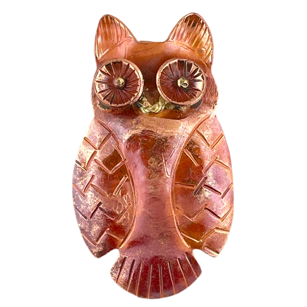 Large copper owl pendant with wide eyes and hand-stamped detail, flame patina finish
