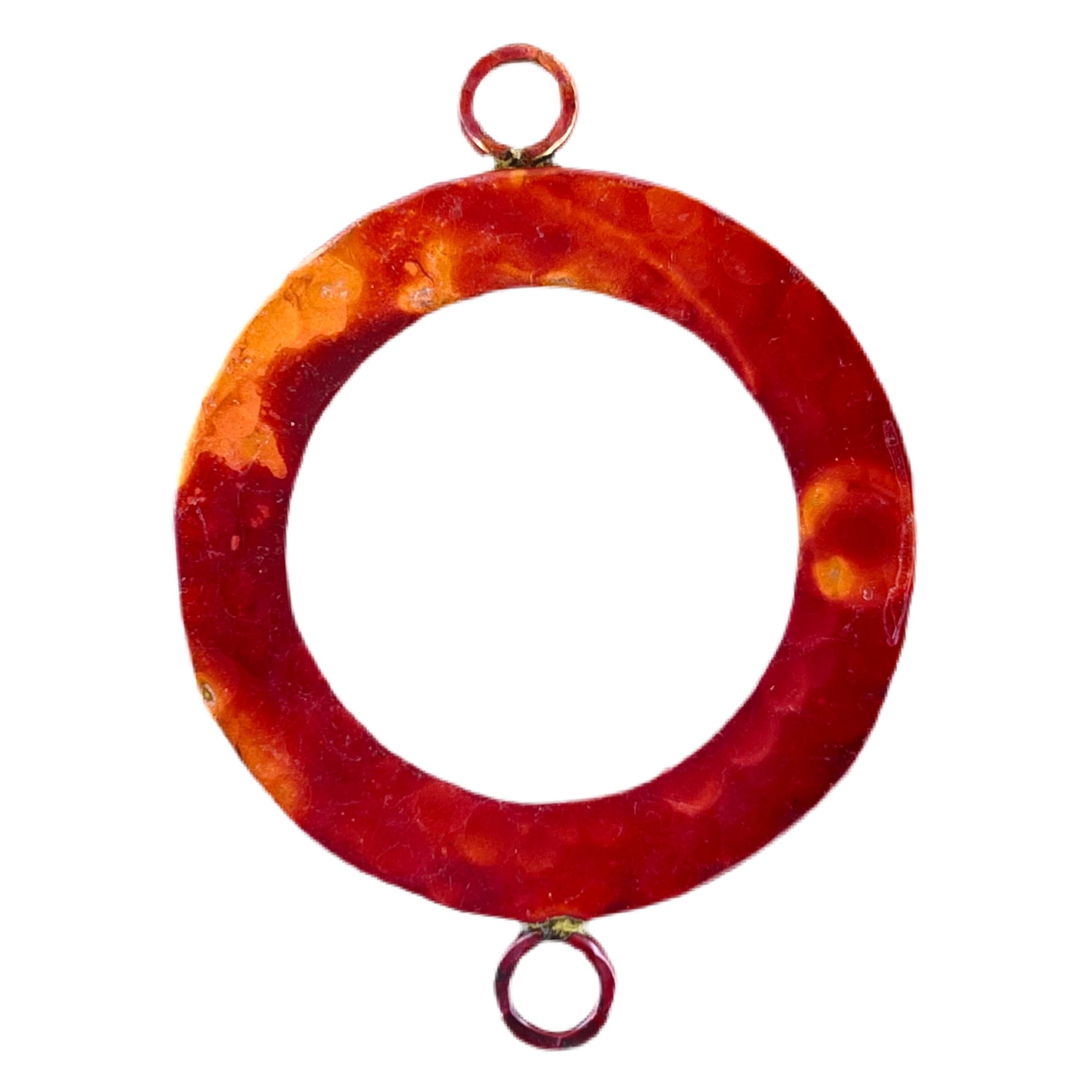 Large handmade copper ring link with top and bottom loops, red flame-torched patina, hammered texture, 2 inch tall