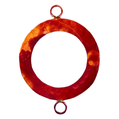 Large handmade copper ring link with top and bottom loops, red flame-torched patina, hammered texture, 2 inch tall