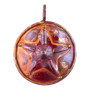 Handmade copper star pendant with five brass ball accents, repoussé texture, and red-orange flame patina by Patricia Healey