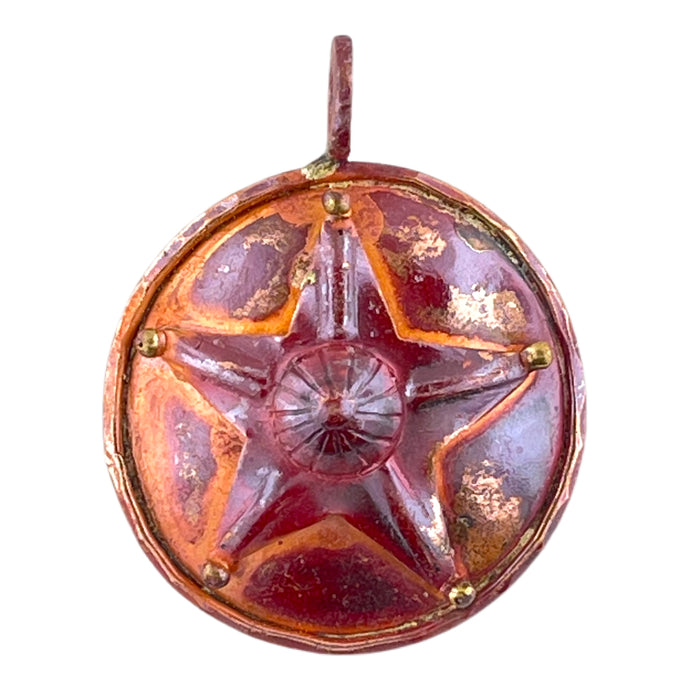 Handmade copper star pendant with five brass ball accents, repoussé texture, and red-orange flame patina by Patricia Healey