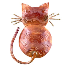 Handcrafted copper cat pendant with back-turned pose, brass whiskers, and flame-finished red-orange patina. Designed by Patricia Healey.