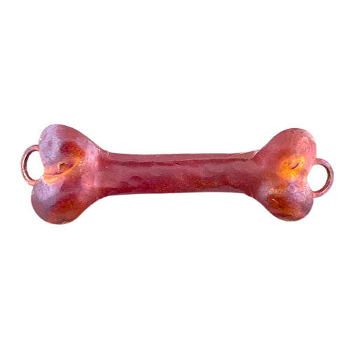 Handcrafted large copper dog bone link with red flame patina, designed by Patricia Healey for rustic pet-themed jewelry