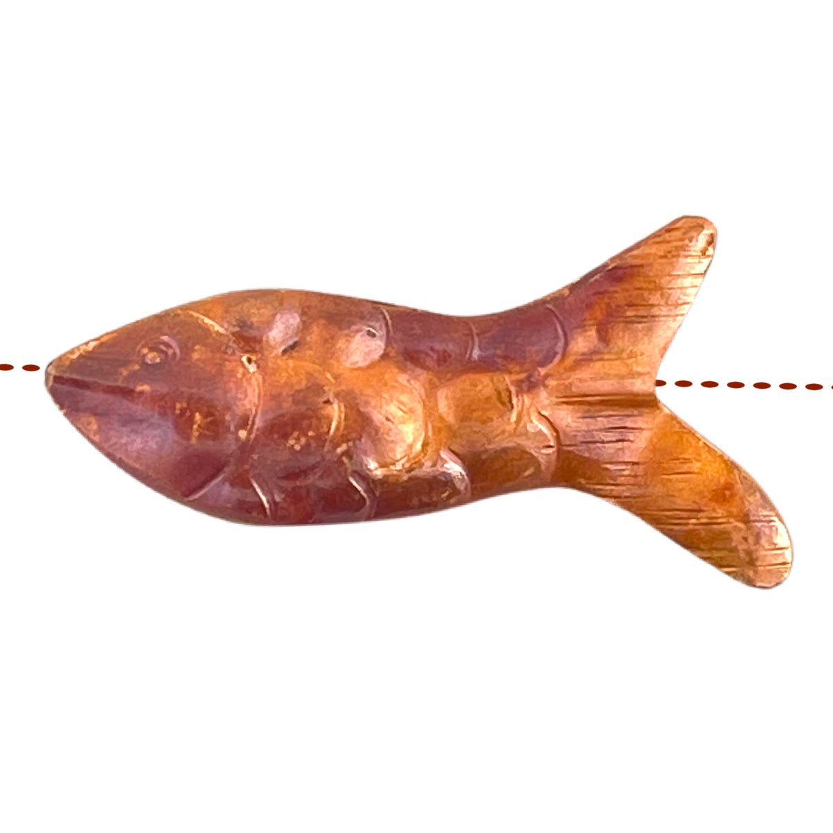 Handcrafted copper fish bead with double-sided texture and red-orange flame patina