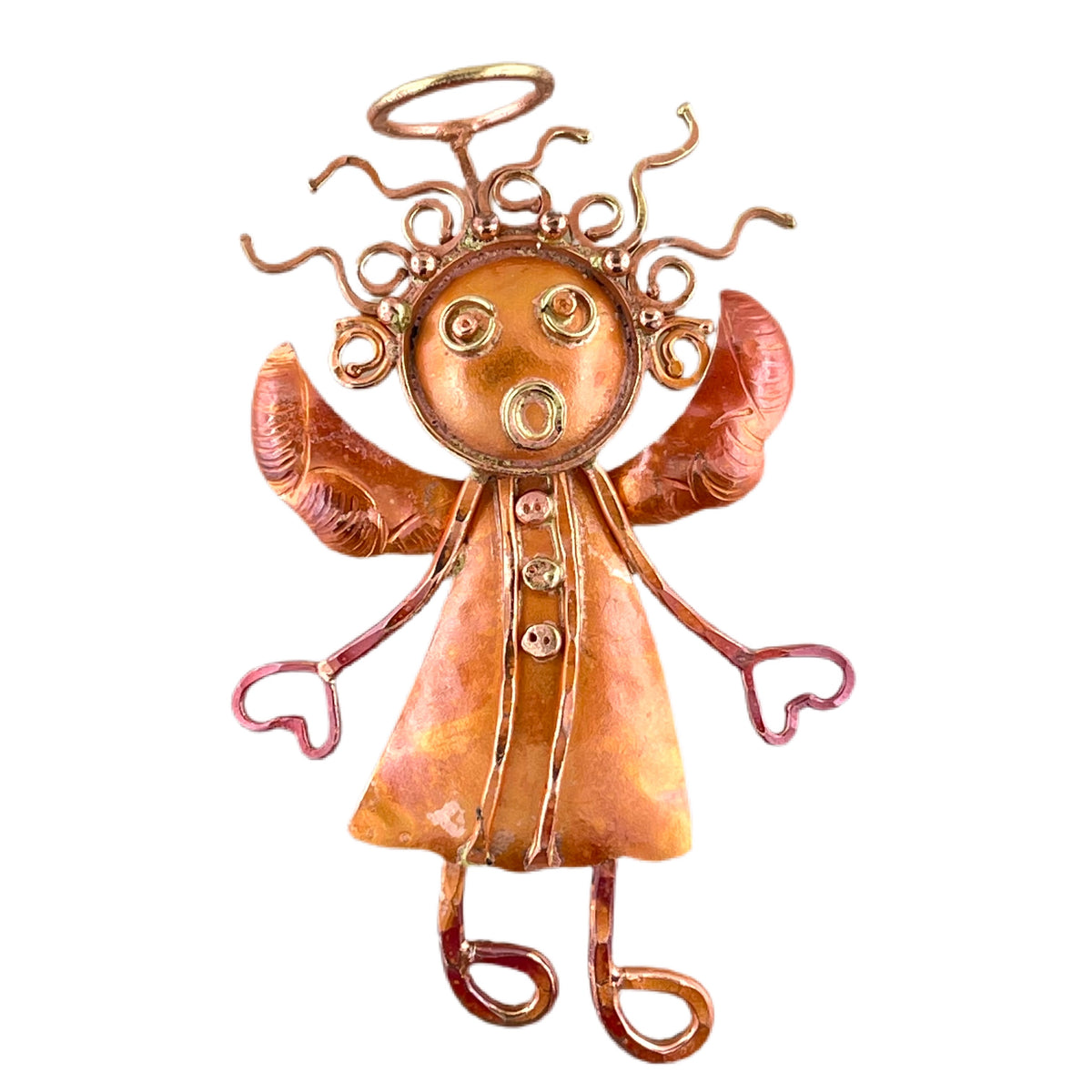 Handcrafted copper angel pendant with brass halo, heart-shaped hands, and stamped wings