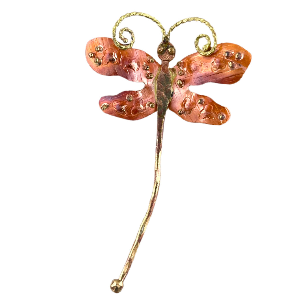 Large handcrafted dragonfly pendant with hammered brass body and stamped copper wings