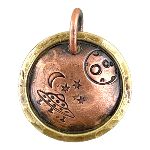 Antiqued and Stamped Spaceship in Starry Moonlight Night Small Pendant