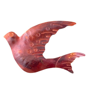 Large copper dove pendant in flight with flame patina, handcrafted using repoussé technique