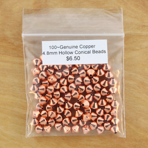 100~Genuine Copper 4.8mm Hollow Conical Beads